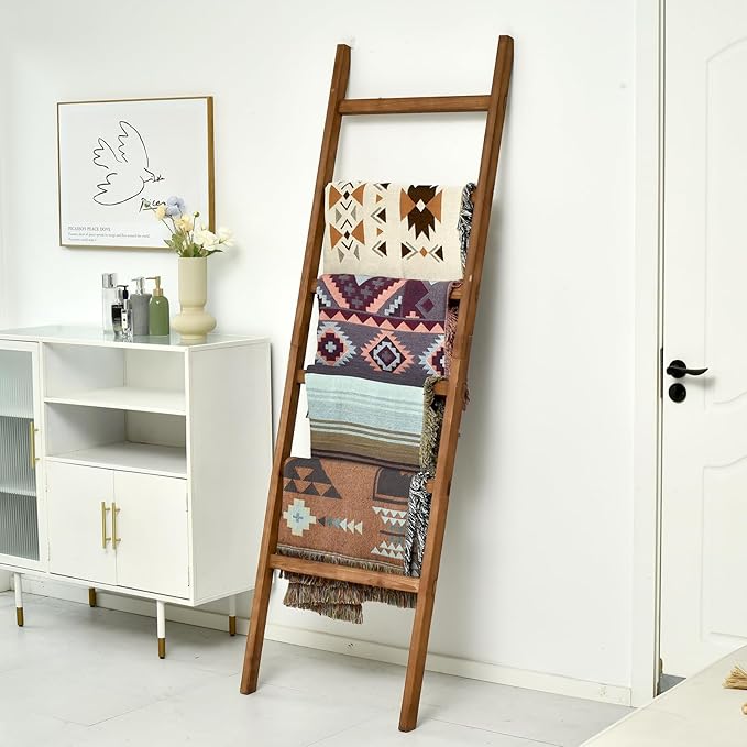 FUIN 6.4ft Extra Wide Wooden Blanket Ladder Living Room Decorative Wal Leaning Farmhouse Quilt Display Holder Rustic Wood Tow