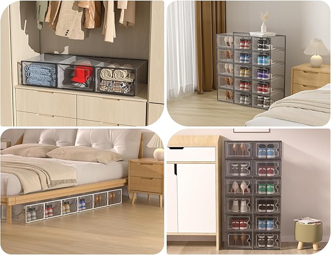 Kuject XX-Large Shoe Storage Boxes Organizers Clear Plastic Stackable 12 Pack, Shoe Rack & Holder Substitute, Sneaker Contain