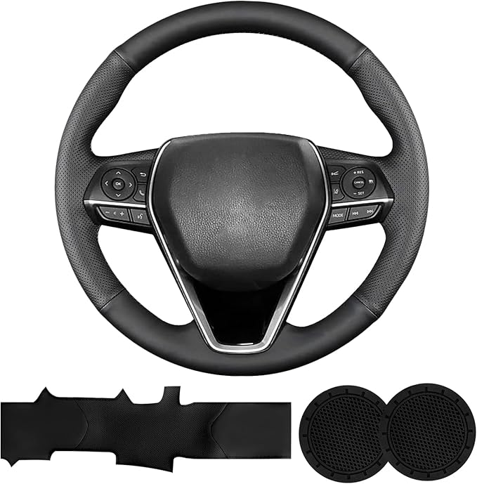 Hand Sewn Steering Wheel Cover for Toyota RAV4 SUV 2019-2024 / Avalon 2019-2022 / Camry 2018-2024 / Corolla 2020-2025 Genuine Leather Sew On Steering Wheel Cover Full-Wrap Accessories(Black)