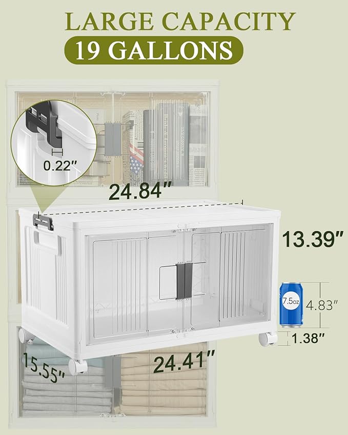 OlarHike 76QT Lockable Storage Bins with Lids - Folding Storage Box with Doors and Wheels, Collapsible Plastic Storage Bins f