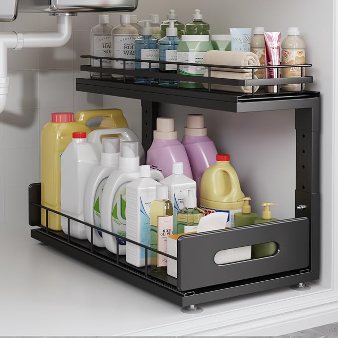 Under Sink Organizer Upgrade To Professional Rails,2-Tier Dual Pull Out Cabinet Storage,Height Adjustable Slide Out Drawers F