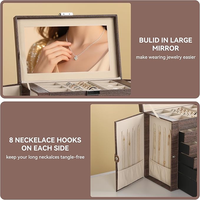 Frebeauty Large Jewelry Box,6-Tier PU Leather Jewelry Organizer,Multi-functional Storage Case with Mirror,Accessories Holder 