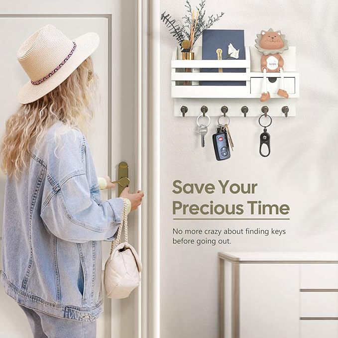 FifthQuarter Key Holder Wall Mount: Key and Mail Holder for Wall with 6 Hooks and Storage Drawer, Easy Installation Key Rack 