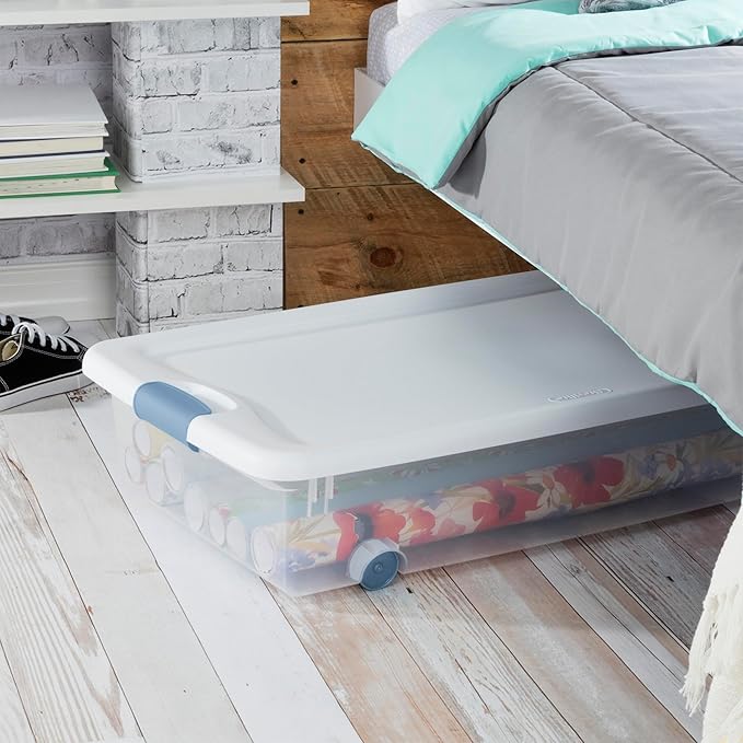 Sterilite 4-Pack 56 Quart Wheeled Latching Box, Underbed Clear Plastic Storage Organizer - Under Bed Rolling Container Bin wi