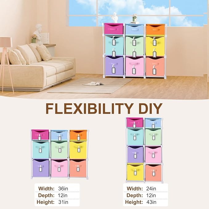 9 Cube Storage Organizer Shelf with Storage Bins and Label, 11 Inch Toy Cube Bins Clothes Closet Organizers Drawers Fabric Dr