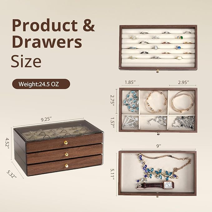 CLUQMEIK 3-layer Wooden Drawer Jewelry Organizers and Storage Box with Grey Acrylic Lid and Velvet Lining, Jewelry Box for Wo