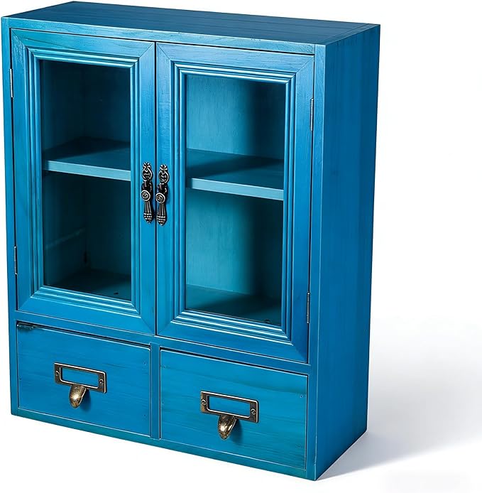Rustic Vintage Mini Wood Counter Top Cabinet,Display Case with Organic Glass Door,Wall Storage Cabinet, that Sits on Countert