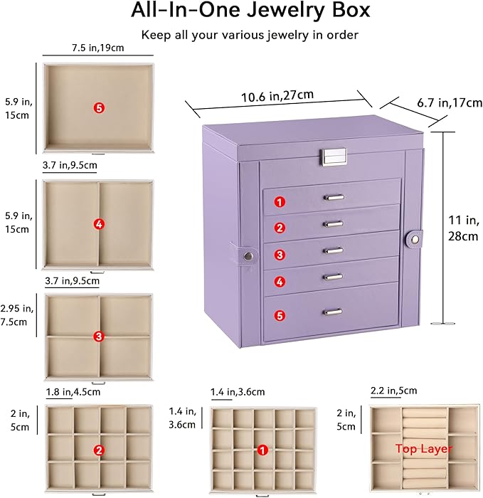 Frebeauty Large Jewelry Box,6-Tier PU Leather Jewelry Organizer,Multi-functional Storage Case with Mirror,Accessories Holder 