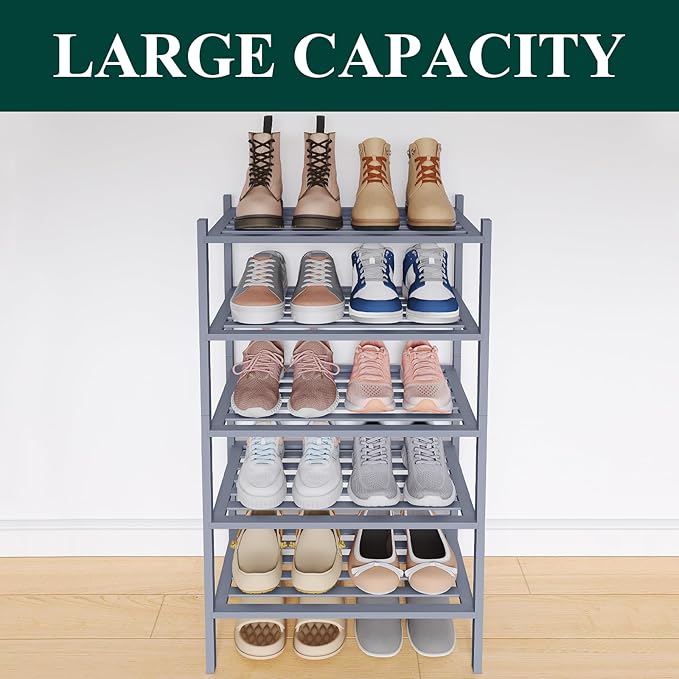 Smiry Small Bamboo Shoe Rack 5-Tier, Stackable Wooden Shoe Organizer for Entryway & Closet, Free Standing Wood Shoe Storage S