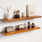 Teak Floating Shelves Set of 2-36 Inch Natural Waterproof Wood Wall Shelves with Invisible Brackets for Bathroom, Kitchen, Ba