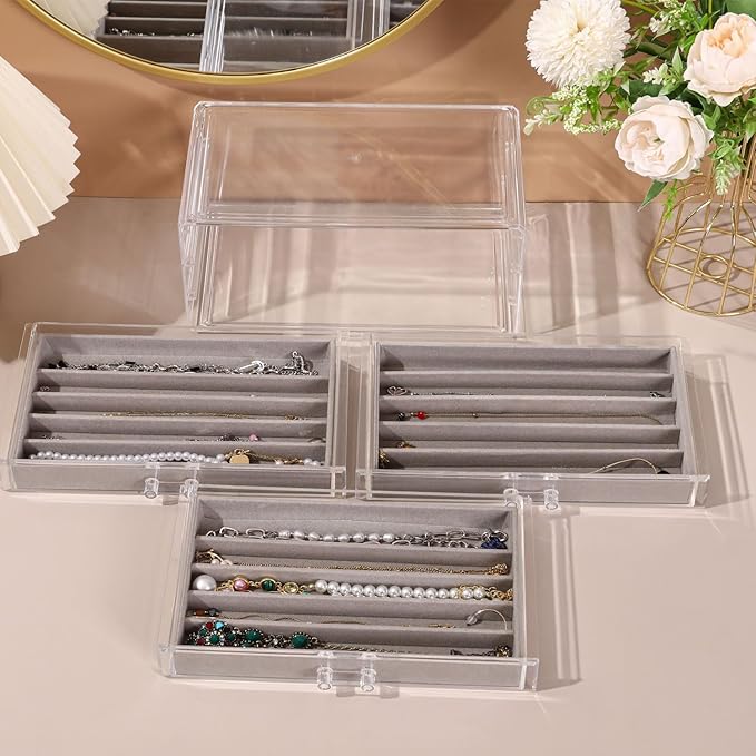 CLUQMEIK Necklace Organizer Box, Tray with Clear Lid, Dustproof Velvet Necklaces Holder Storage Display Case, Necklace Tray D