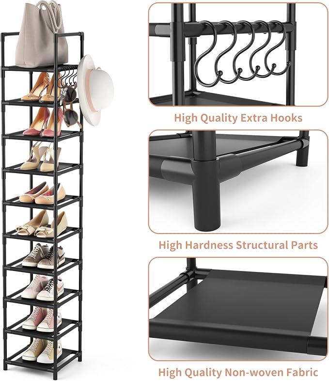 LANTEFUL Tall Narrow Shoe Rack for Entryway, 10-Tier Sturdy Metal Shoe Shelf Storage 10-15 Pairs of Shoes and Boots, Space Sa