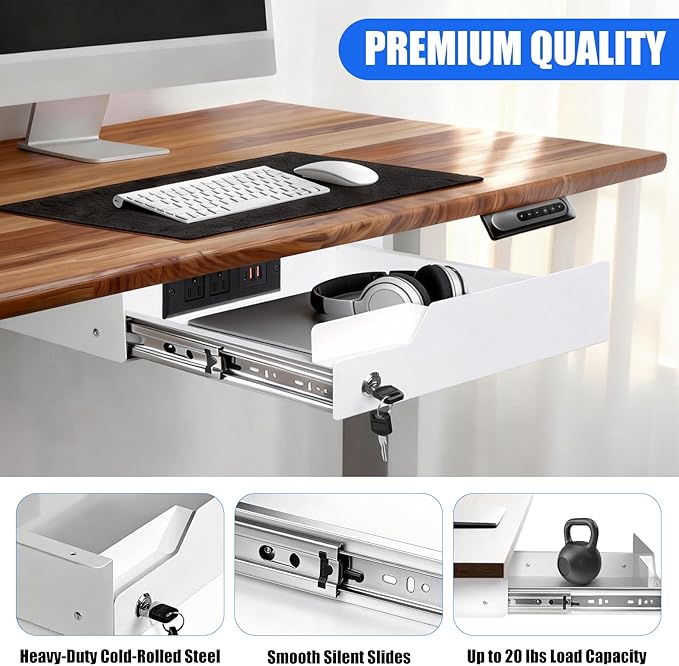 Under Desk Drawer Storage with Lock, Metal Undermount Table Drawer, Ball Bearing Slides Out Tray Organizer for Paper, Pencil,