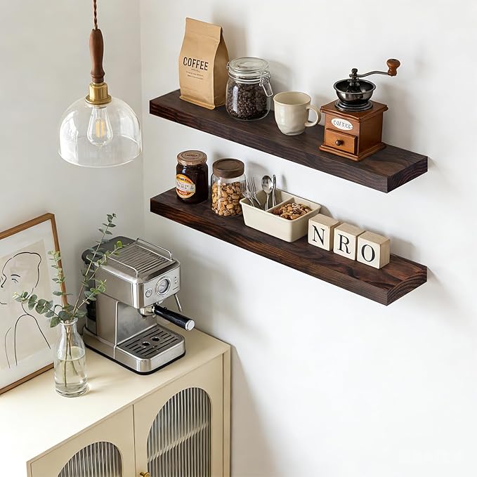 Floating Wall Shelf 36x6.8x1.7 Inch – Solid Wood Shelf in Walnut Finish – Heavy Duty Wall Mounted Rustic Display Shelf for Li