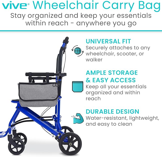 Vive Wheelchair Carry Bag - Arm Rest Pouch for Rollator, Walkers, Power Wheel Chairs and Knee Scooters - Side Storage Organiz