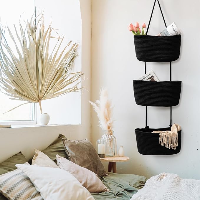 TeoKJ Over the Door Hanging Basket, 3-Tier Woven Cotton Wall-Mounted Storage Organizer Bag Decorative Hanging Nursery Baskets