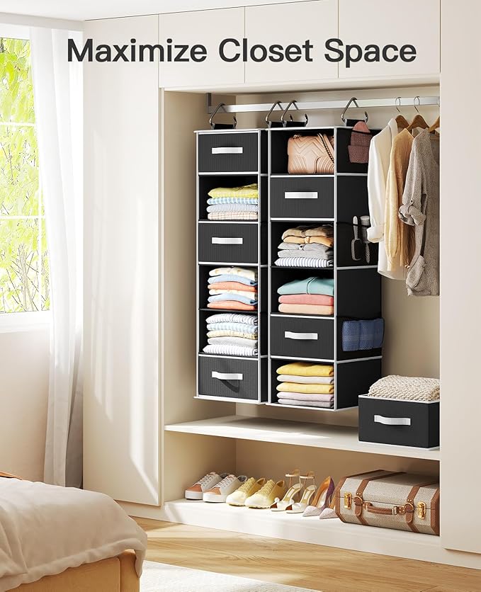Pipishell Hanging Closet Organizer 6-Shelf, Hanging Shelves for Closet with 3 Removable Drawers & Side Pockets for Bedroom, G