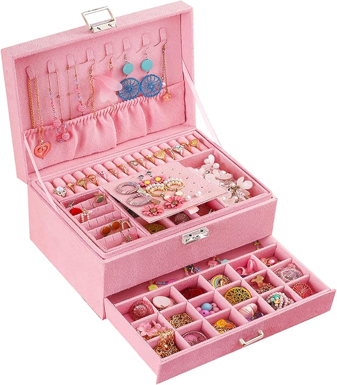 QBestry 3-Layer Jewelry Box for Girls & Teens with Lock and Key, Large Jewelry Organizer with 8 Necklace Hooks & 56 Earring H