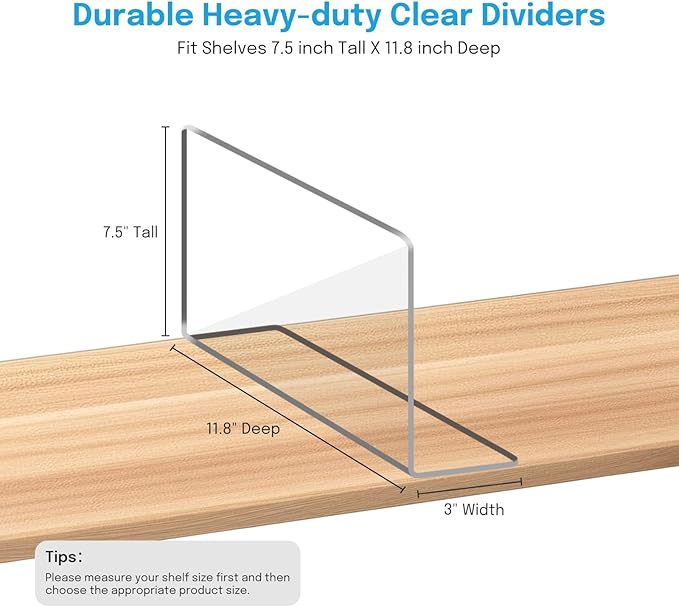 OKPOW Shelf Dividers Closet Organizer - 7.5" Tall X 11.8" Deep Acrylic Clear Sturdy Separate for Clothes Purse - Adjustable S
