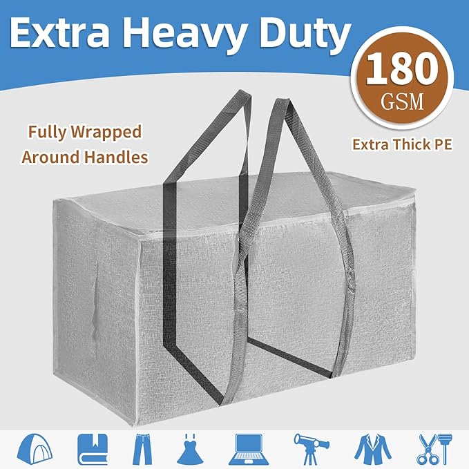 8 Pack-Extra Large Heavy Duty Moving Bags - Waterproof Storage Totes with Handles & Zippers, Foldable for College Dorm, Stora