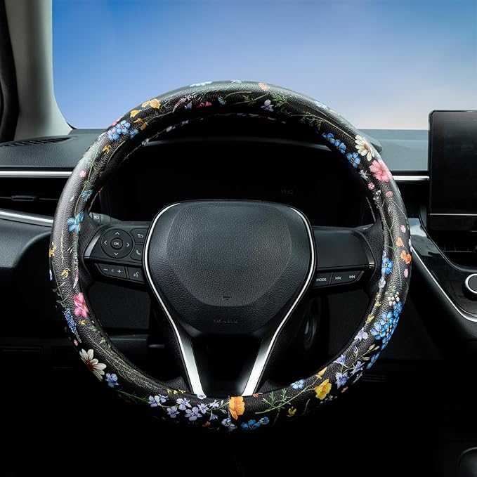 Multicolor Wildflower Steering Wheel Cover Auto Jacquard Steering Wheel Protector, Anti-Slip, Breathable, Absorbing Sweat, Un