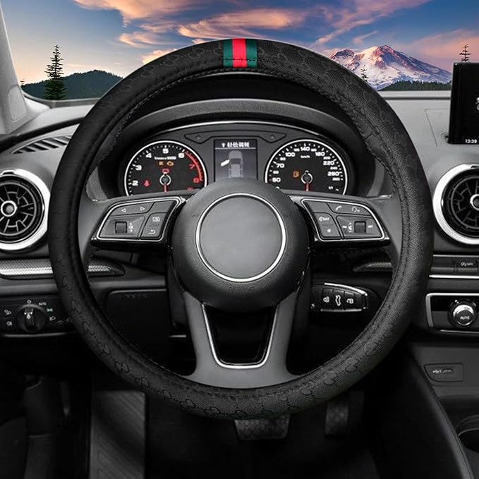 5PCS Steering Wheel Cover, with 2 Headrests, 2 Seat Belt Covers - Universal Fit for 14.5-15" Steering Wheel, Enhances Driving Experience - Perfect for Women (Black)