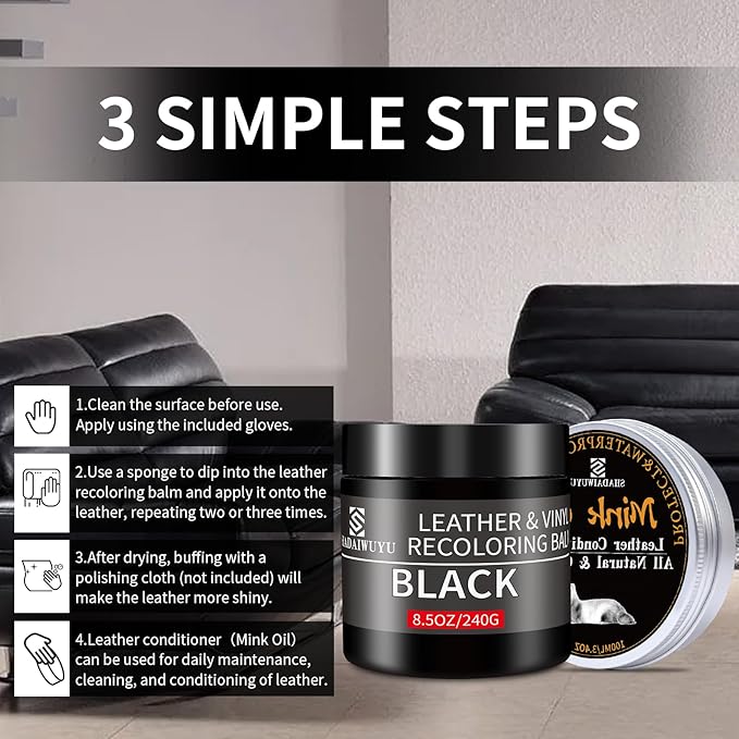 SHADAIWUYU 8.5oz Leather Recoloring Balm with 100ml Mink Oil,Black Leather Repair kit for Furniture and Car Interior,Leather 