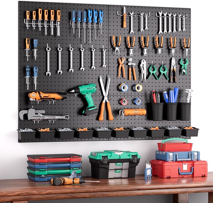 INCLY 226PCS Metal Pegboard Wall Organizer, 48x36 Inch Black Peg Board Panels Tool Organizer Kit with Hooks Bins and Cups, Pe