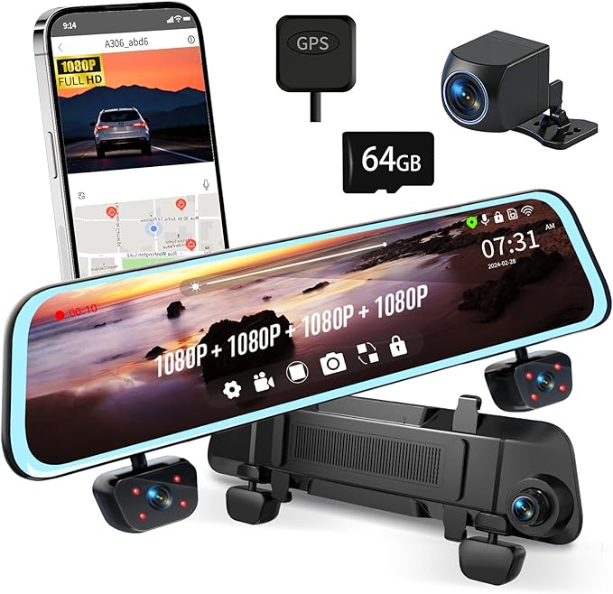 Mirror Dash Cam, 4 Channel Dash Cam Front and Rear/Inside, Touch Screen 12’’ FHD 1080Px4 Rear View Mirror Camera, 8 IR Night 