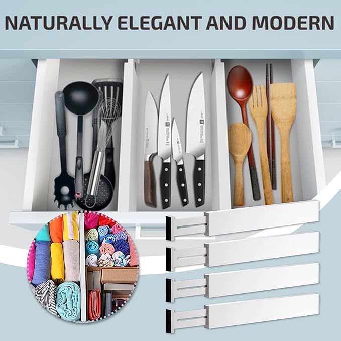 4 Pack Bamboo Drawer Dividers 2.6" High, Adjustable Length from 12 Inch to 17 Inch, Expandable Kitchen Drawer Organizer Separ