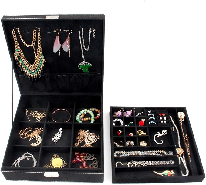 Two-Layer Jewelry Box Organizer Display Storage case with Lock (Black)