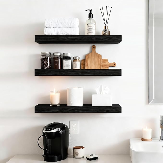 Set of 3 Farmhouse Solid Wood Floating Shelves 15.7 inch Black Wall Mounted Storage Shelves for Bathroom Over Toilet, Bedroom