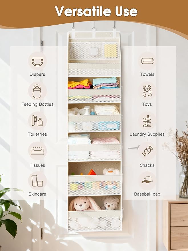 Criusia Over the Door Organizer, 6-Shelf Closet Hanging Storage with 13 Mesh Pockets, 55lbs Capacity Behind the Door Storage 