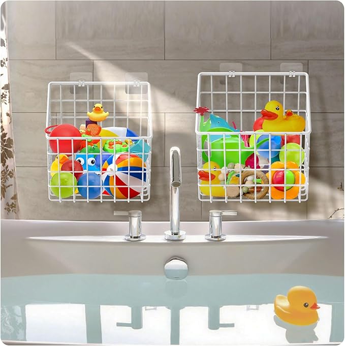 2 Pack Bath Toy Storage Organizer Basket, Large Metal Bathtub Toy Holder, Wall Mounted Hanging Shower Basket, Bath Toy Organi