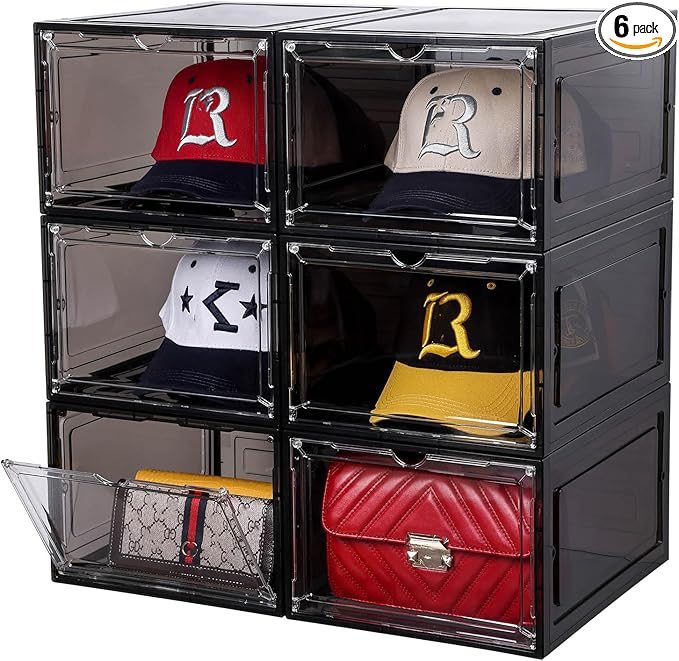 Attelite Hat Organizer for Baseball Caps, set of 6, Stackable Hat Storage Box With Transparent Magnetic Door, Hat Rack, Easy 