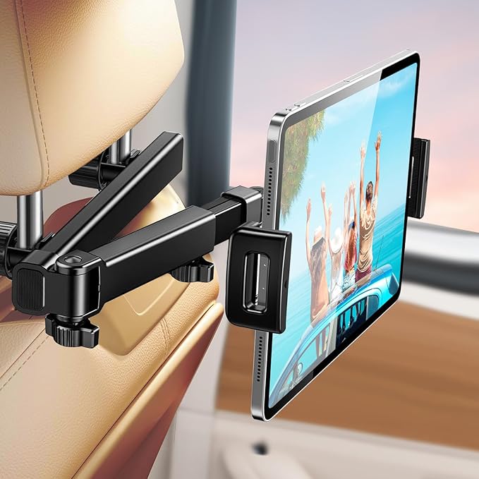 Car Headrest Tablet Holder - [18.9" Max Extension] [Zinc Alloy Lockable Arm] Backseat Phone & Tablet Mount for iPad, iPhone, Switch, 4.7-13" Devices (D6)
