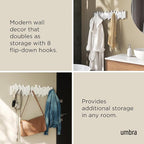 Umbra Sticks Wall-Mounted Coat Rack Rail Hook with 8 Retractable Pegs – Modern, Space-Saving Storage Organizer, White