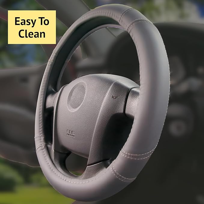 Steering Wheel Cover, Gray, Real Genuine Leather, Small, 14 inch, for Men and Women, Universal, Stretch On, Heat Resistant, Stays Cool, Non-Slip, HANWOLF