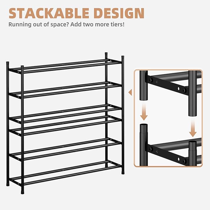 STORAGE MANIAC Long Expandable Shoe Rack, 18 Pairs Metal Wide Stackable Shoe Rack, Adjustable Shoes Shelf, Freestanding Shoes