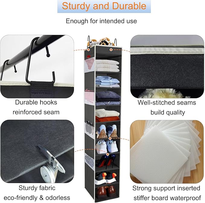 2 Pack Large-Sized Hanging Shoe Organizer 10-Shelf, Sturdy Hanging Closet Organizer with 8 Side Pockets, Wider Hanging Shelve