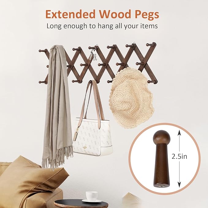 Accordion Wall Hanger, Hat Rack for Wall with 20 Coat Hooks, Expandable Hat Hangers Organizer, Vintage Decorative Coat Rack W