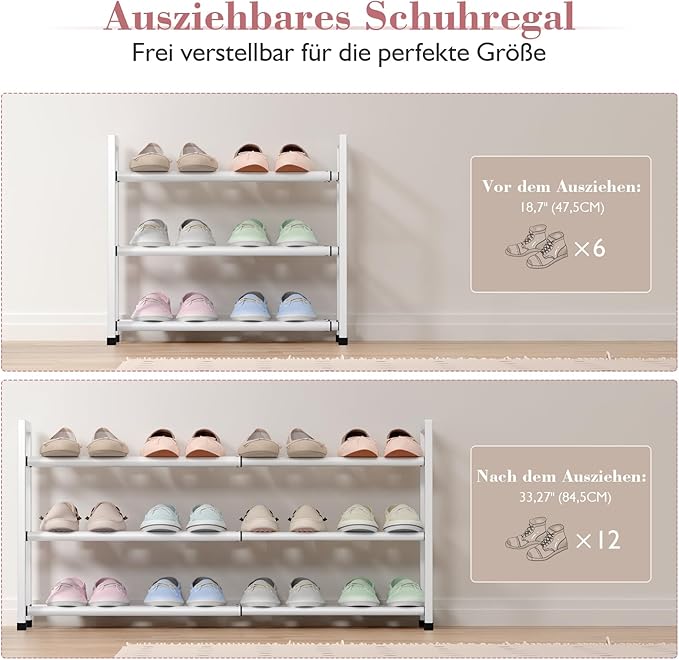 Bumusty 3-Tier Expandable Shoe Rack for Closet, 18“-33” Adjustable Shoe Rack for Small Space, Small Shoe Organizer for Front 