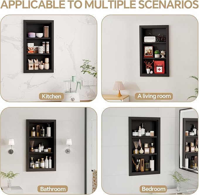 Solid Wood 14 X 24 Recessed Medicine Cabinet,3-Tier, Medicine Cabinet Organizer,Wall Niche, Bathroom Wall Cabinet, Recessed B