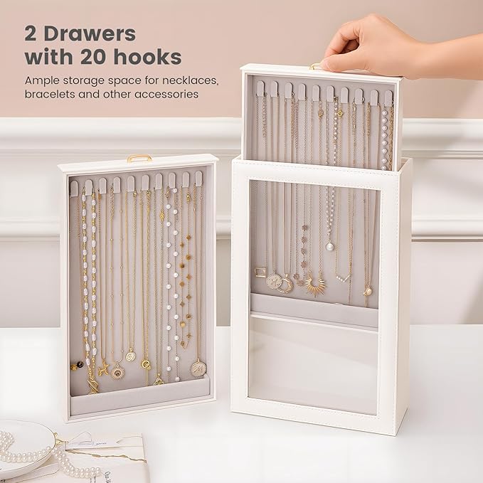 Lolalet Necklace Organizer Box, Jewelry Storage Box with Clear Window for Necklaces Bracelets, Tangle-Free Necklace Display C