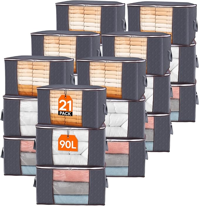 Lifewit 21 Pack 90L Clothes Storage Bins with Lids, Foldable Blanket Storage Bags with Zippers, Clear Window and Reinforced H