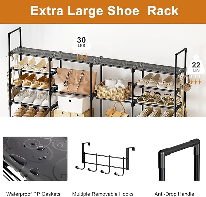 WOWLIVE 4 Row 10 Tiers Extra Large Shoe Rack Big Tall Metal Shoe Shelf, Heavy Duty Organizer for Closet Entryway, Boot Rack S