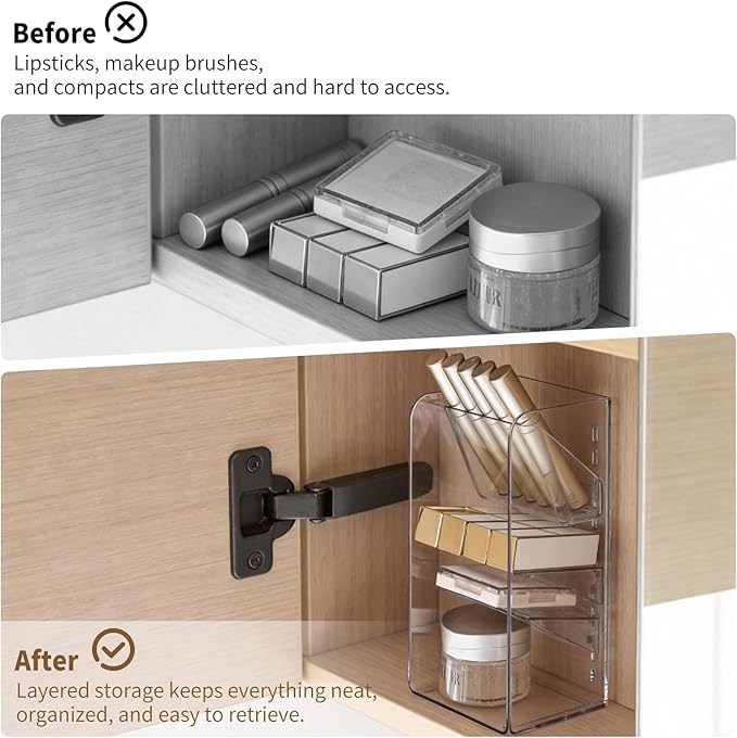 PAVSTINE Medicine Cabinet Organizer with Adjustable Dividers, Clear Vertical Layered Backward Slanting Shelves for Makeup Bru