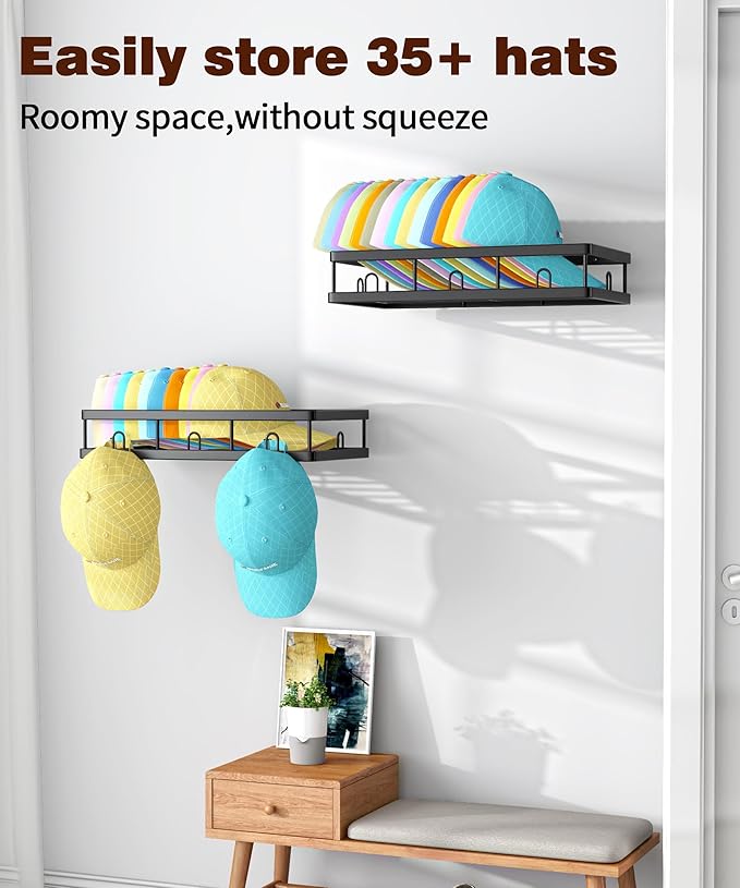 Metal Hat Organizer for Baseball Caps-2 Packs Fit 40 Hat Rack-Sturdy Wall Mounted Hat Storage- Hat Holder with 5 Hooks-Hat Ra
