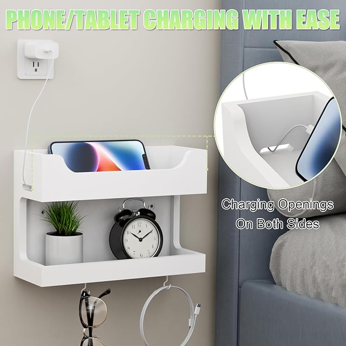NiHome Wall Mounted Wooden Bedside Accessories Organizer, Double Tray Bedside Storage Shelf Rack with Magnetic Hooks, Bedroom