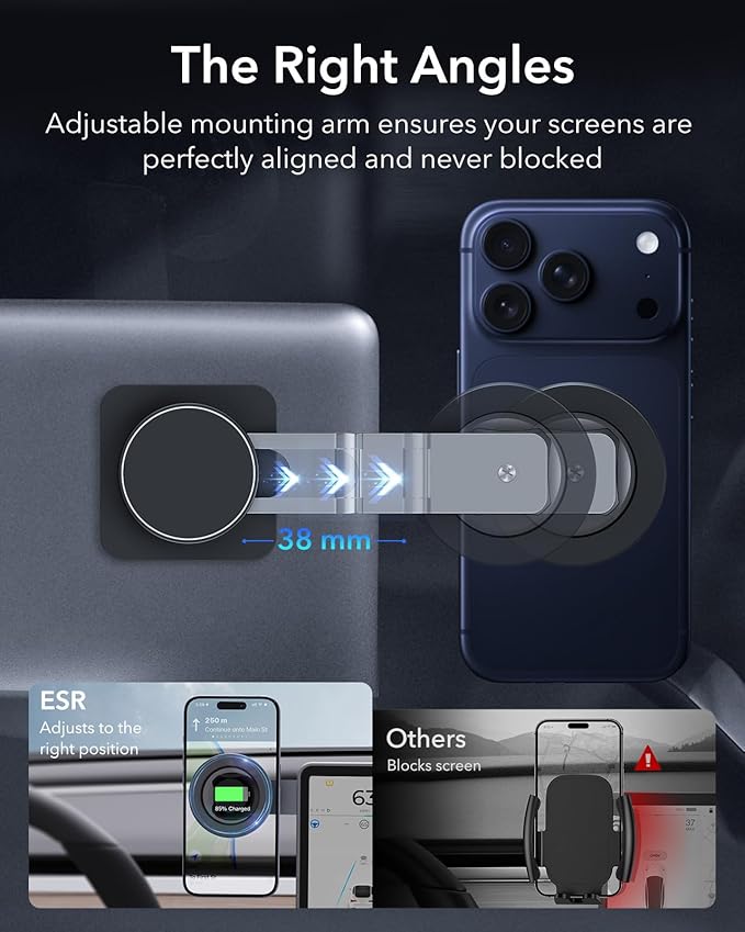 ESR for MagSafe Car Mount, Magnetic Car Mount,Dashboard/Tesla Touchscreen Phone Holder, Magnetic Phone Holder for Car, for iPhone 16/16e/15/14/13/12, S25,Charging Not Supported(2 Metal Rings included)